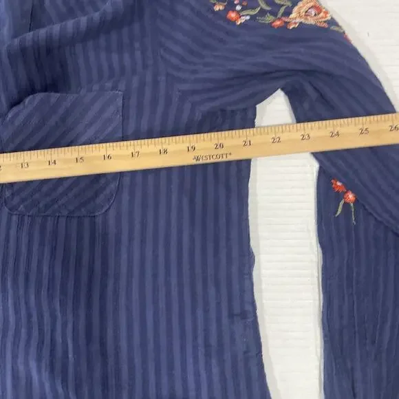 Sonoma Women L Embroidered Button Up Shirt Collared Cotton Gauzy Top Blue Tunic - Picture 7 of 10